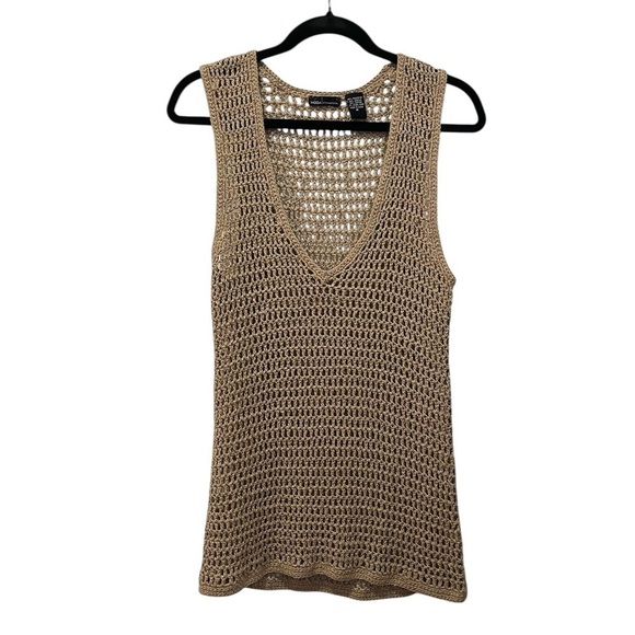 Y2K Moda International Tan Open Knit Crochet Dress Boho Beachwear vintage Medium - Picture 1 of 8